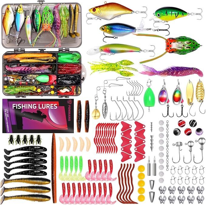 Fishing Lures - Tackle Box with Tackle Included, Fishing Kit with VIBs, Frogs, Minnows, Soft Baits, Hooks & Weights Accessories, Freshwater Lure Kit for Bass Walleye Trout
