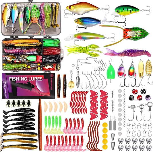 Fishing Lures - Tackle Box with Tackle Included, Fishing Kit with VIBs, Frogs, Minnows, Soft Baits, Hooks & Weights Accessories, Freshwater Lure Kit for Bass Walleye Trout