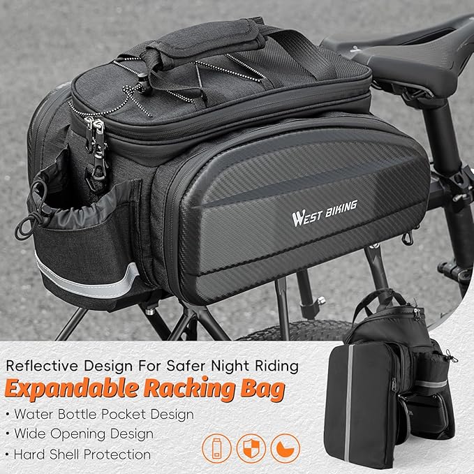 West Biking Waterproof Hard Shell Bike Rear Rack Bag 31L Capacity EVA Bicycle Trunk Pannier Bag for Commuting Touring Mountain Road E-Bike with Rain Cover (Black-3: 31L capacity)