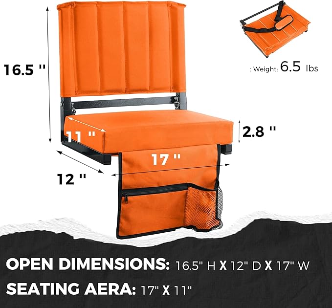 SPORT BEATS Stadium Seats with Back Support Bleacher Chairs with Back and Cushion Thick Padded Bleacher Seats Includes Shoulder Strap Orange 1pc Standard