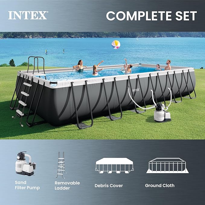 INTEX ウルトラXTR 24フィートx12フィートx52インチ 地上設置型プールセット 長方形スチールフレームプール、2100GPHサンドフィルターポンプ、はしご、カバー、グランドクロス付き