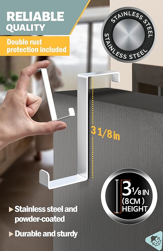 Menz Set of 10 Over The Door Hooks - White Coat Hanger, 2-Sided Towel Holder fits 1 3/8" & 1 3/4" - Hooks for Hanging with Anti-Scratch Felt Pads, Wreath Hanger with Removable Sticky Non-Slip Dots