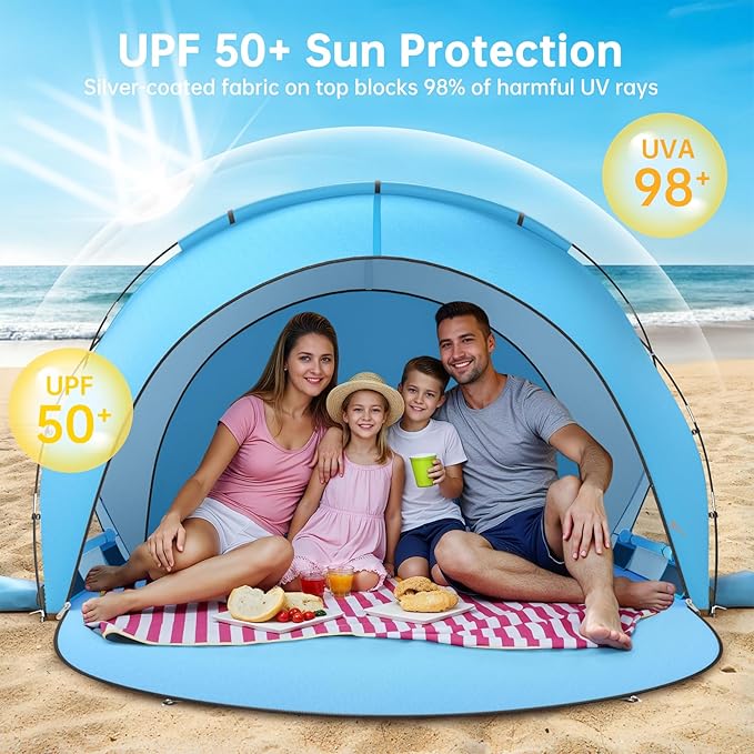 Beach Tent Sun Shelter, Sun Shelter for 1-4 Person, Beach Shade Tent, Beaches Shade with 2 Zippered Doors, Portable Tents for Camping Fishing, Blue