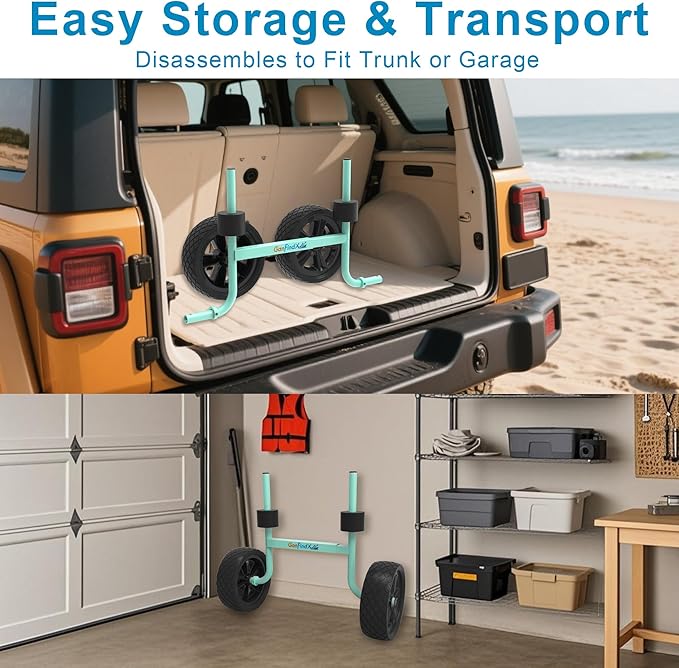 GanFindX Heavy Duty Kayak Cart Adjustable Foldable Kayak Trolley with Solid Foam Wheels Portable Kayak Transport Cart Tie Down Straps Included Adjustable Width Light Green