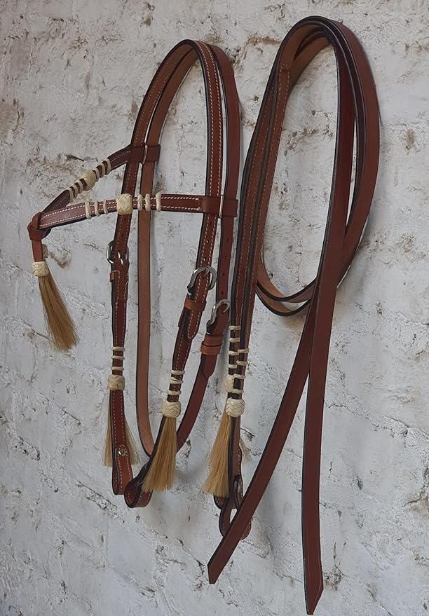 Leather Bridle Western Tack Full Grain Leather Adjustable Bridle for Horse Horse Knotted Browband Headstall with Reins 78Rawhide - Brown