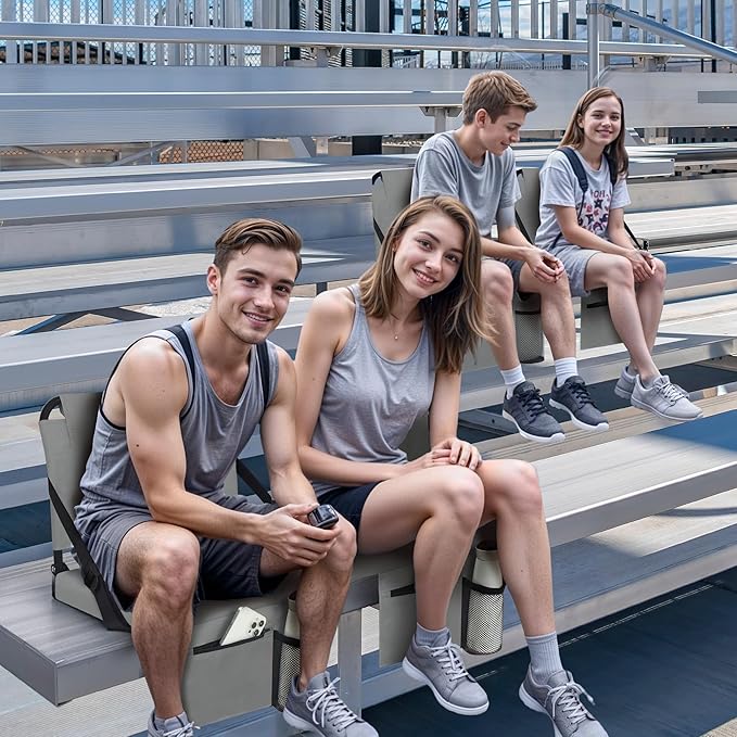 Stadium Seats for Bleachers with Back Support Bleacher Seat Soft Cushion Light Weight Includes Shoulder Strap & Cup Holder, Front & Back Zipper Pocket, Suitable for Sports Events,Grey
