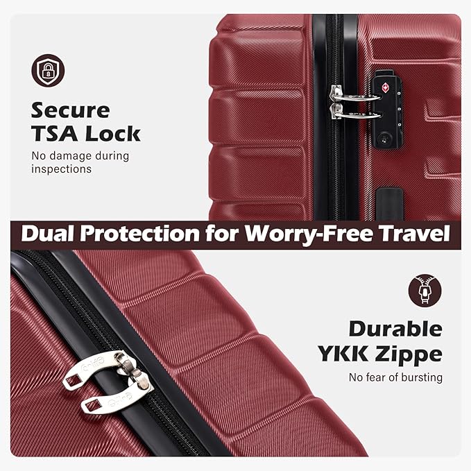 Coolife Medium Checked Luggage with Spinner Wheels, Hardside Suitcase TSA Lock Lightweight Travel Luggage 24-inch,Wine Red