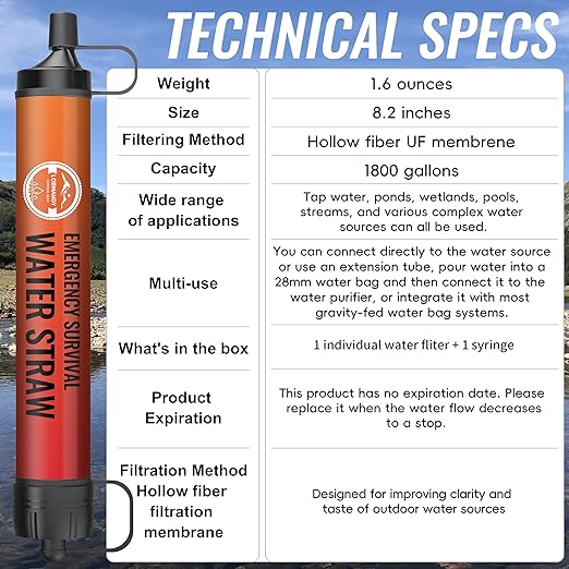 緊急用浄水ストロー、個人用サバイバル浄水システム、浄水器、ハイキング、キャンプ用品、サイクリング、釣り、防災用のアウトドアサバイバルギアと装備