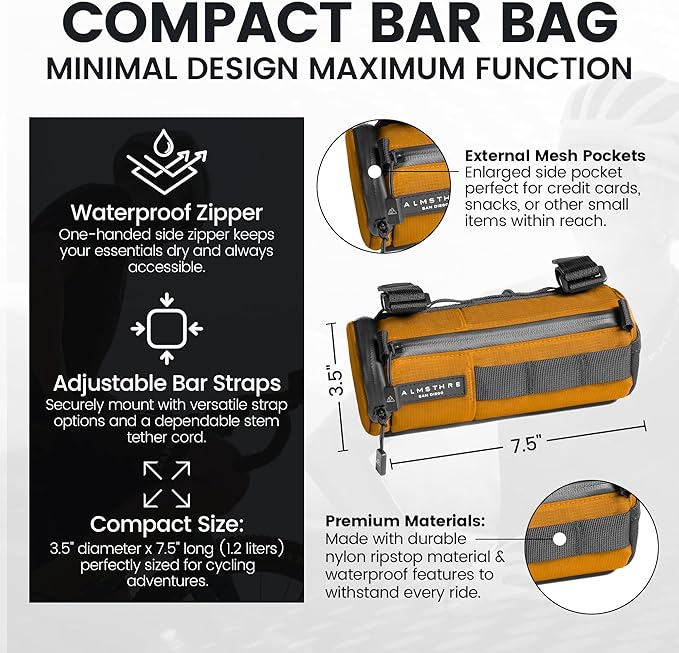 ALMSTHRE Compact Bar Bag – California Gold | Hard-Shell Bike Handlebar Bag with Waterproof Zipper & Adjustable Straps | Lightweight Bicycle Handlebar Bag, Compatible with Road, Gravel & MTB Bikes