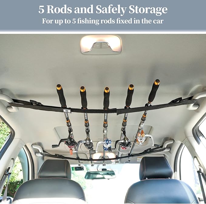 Vehicle Fishing Rod Holder, Car Fishing Pole Roof Rack Inside, 5 Rod Capacity, Heavy Duty Adjustable 30-54 Inch, Fishing Rod Carrier Fishing Pole Storage Straps for Truck Car SUV Wagons Van