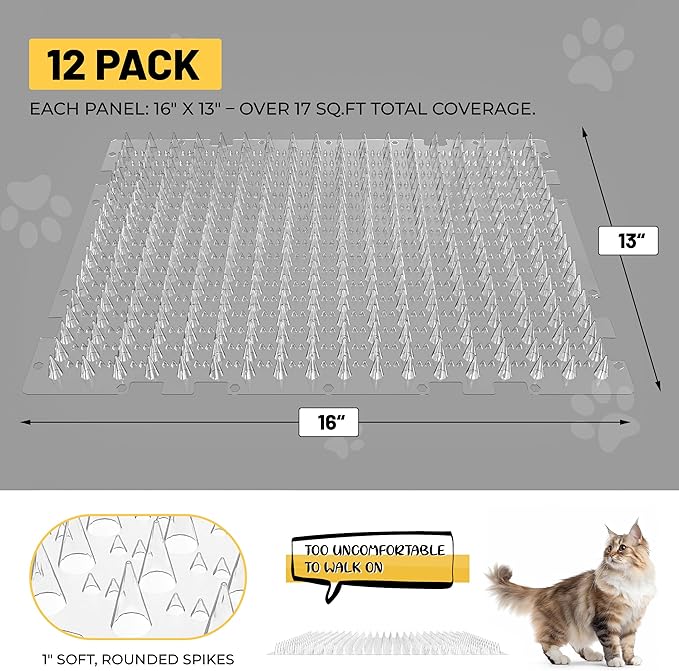 Scat Mat for Cats 16 x 13 Inch, 12 Pack Clear Cat Deterrent Mat with Spikes and 50 Stickers, Humane Indoor Outdoor Cat Repellent for Furniture, Counters & Garden Beds