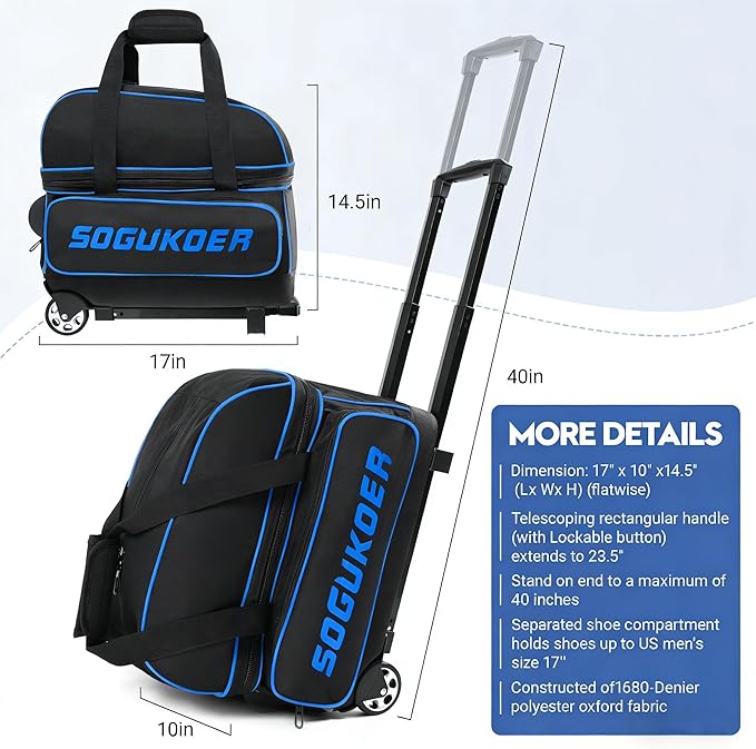 2 Bowling ball Bag with Wheels, Lightweight Trolley Double Ball Bowling bag with Large Separate Shoe Compartment and Oversized Accessory Pocket, Retractable Handle Extends To 39.5"