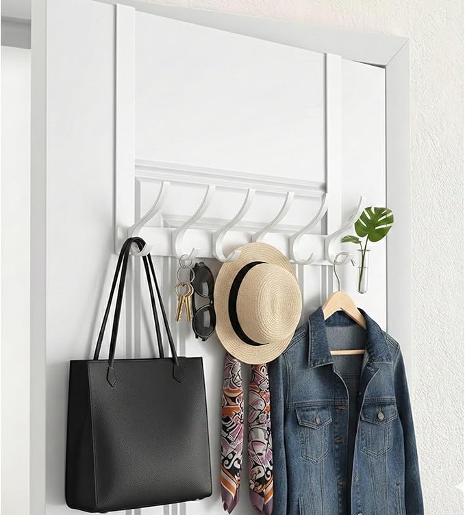 Large Over The Door Hooks, Sturdy Door Hanger with 12 Hooks, Door Towel Rack for Bathroom, Bedroom, Kitchen, Coat Rack for Hanging, Easy to Install (White)