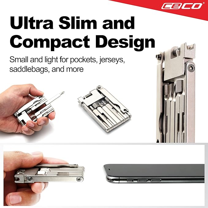 CECO USA 13 Function Bike Tool with Chain Breaker, Bicycle Multi Tool, Ultra Slim, Compact Pocket Sized, Lightweight, High Strength CR-V 6150 Tool Steel, Easy To Carry, Case Pouch Included, Road