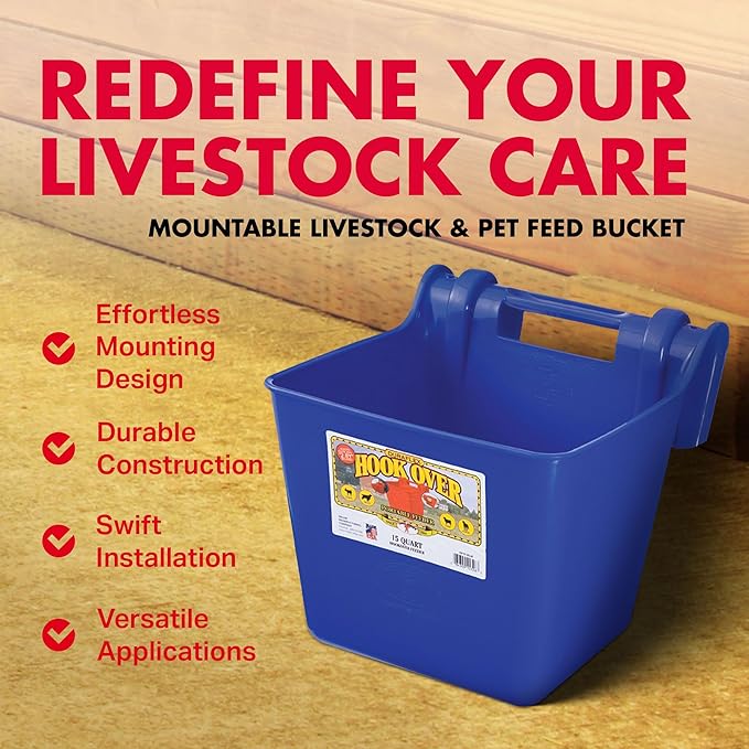 Little Giant® Plastic Hook Over Feeder | Mountable Livestock & Pet Feed Bucket | Horse Feed Bucket | Made in USA | 15 Quarts | Blue