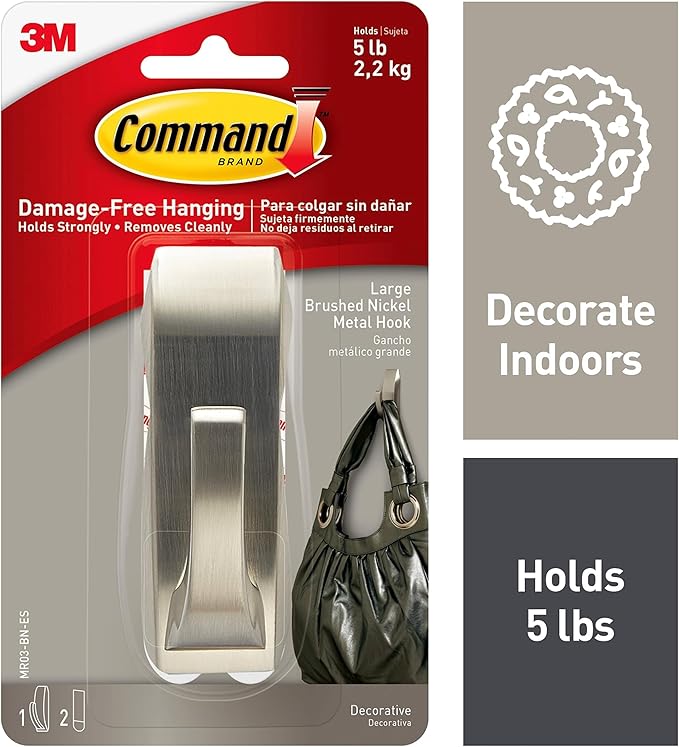 Command Large Modern Reflections Metal Hook, Brushed Nickel, 1-Hook, 2-Strips, Decorate Damage-Free