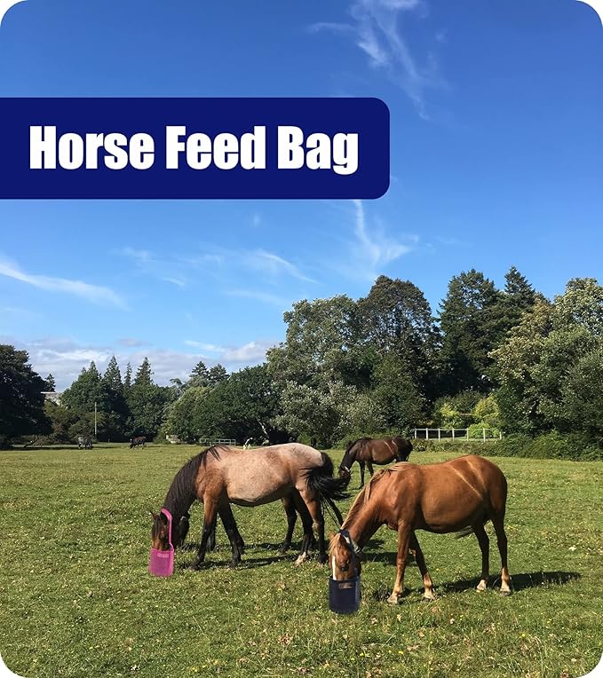 Horse Feed Bag for Grain - Heavy Duty Mesh Horse Feeder with Adjustable Strap,Comfort Neck Pad,Nose Pad Horse Muzzle (Medium,1Blue+1Pink)