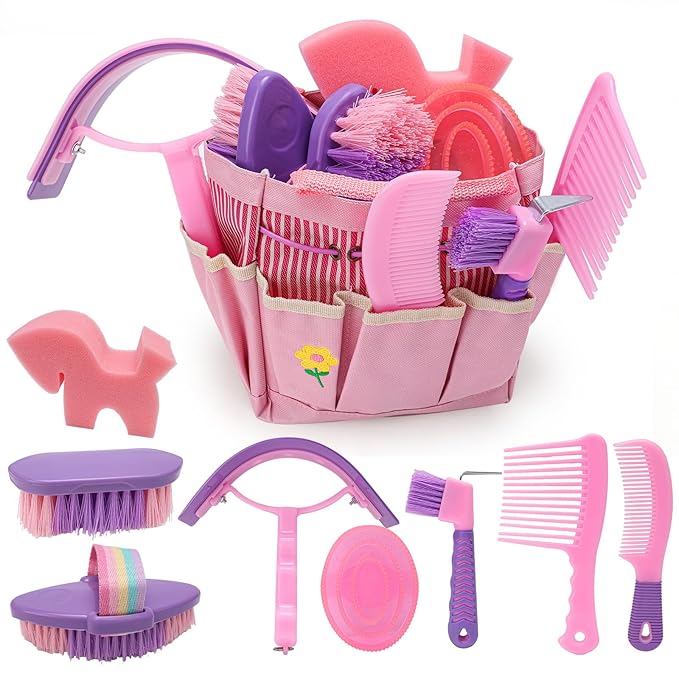 Horse Grooming Kit, Horse Brushes for Grooming Supplies Set with Organizer Bag, Horses Tack Brush Set for Effective Grooming and Cleaning, Gift for Horse Riders Beginners, Pink