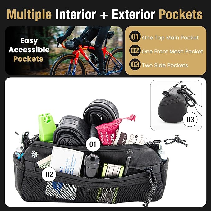 Lumiere & Co. Bike Handlebar Bag - Durable, Multiple-Size Options and Multi-Color Options - Dual Elastic Straps, Clips & Hook & Loop Attachments (Black, Small)