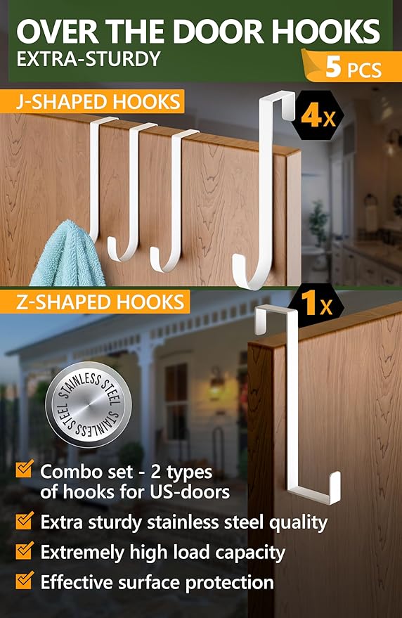 Over the Door Hooks 5 Pack - White Coat Hanger x 4 & 2-Sided Wreath Hanger x 1 Set, Towel Holder for Door Width up to 1 3/8", Hooks for Hanging with Anti-Scratch Pads & Removable Non-Slip Dots