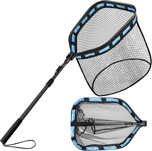 PLUSINNO Floating Fishing Net for Steelhead, Salmon, Fly, Kayak, Catfish, Bass, Trout Fishing, Rubber Coated Foldable Landing Net with Fixed or Telescoping Pole Handle, Fishing Gear and Gifts for Men