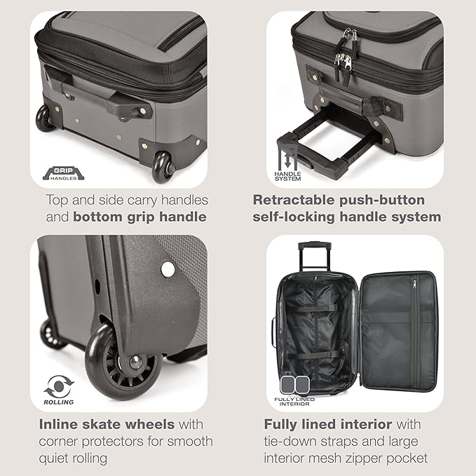 U.S. Traveler Rio 軽量ソフトサイド ローリングキャリーオン スーツケース、2輪セット、グレー
