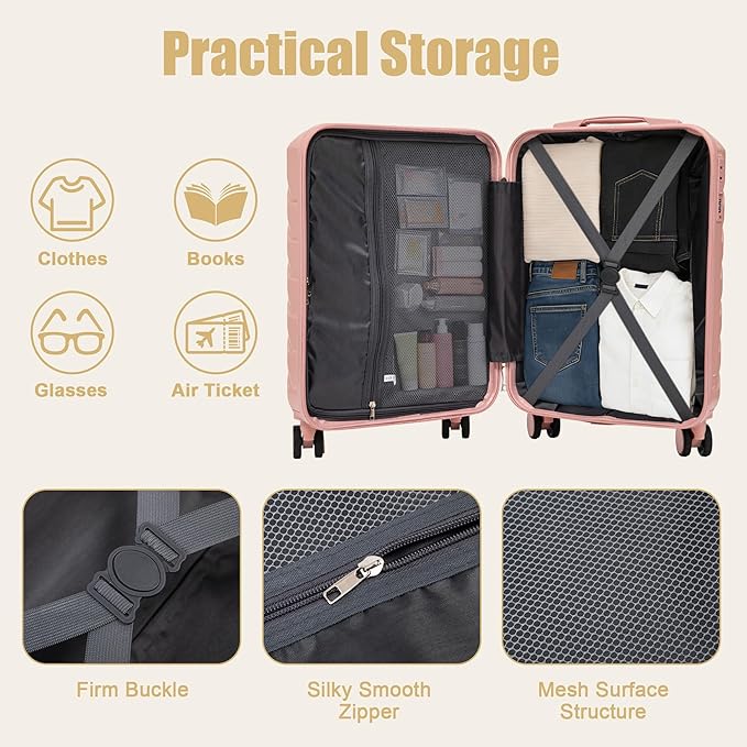 20 Inch ABS Hard Shell Travel Checked Luggage With Combination Lock, Pink