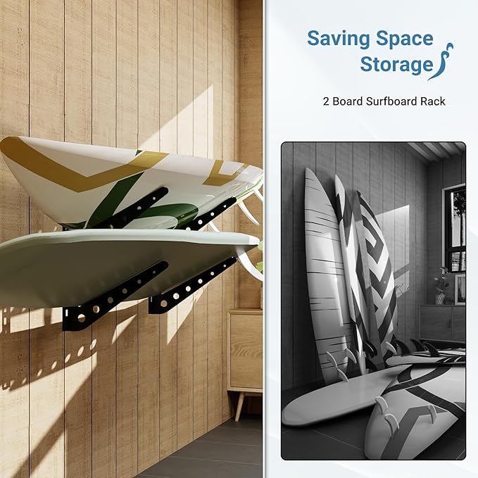 2/3/4/6 Board Horizontal Surfboard Rack, Adjustable Surfboard Wall Mount Display, Surfboard Wall Rack Board Storage Mount System at Home and Garage