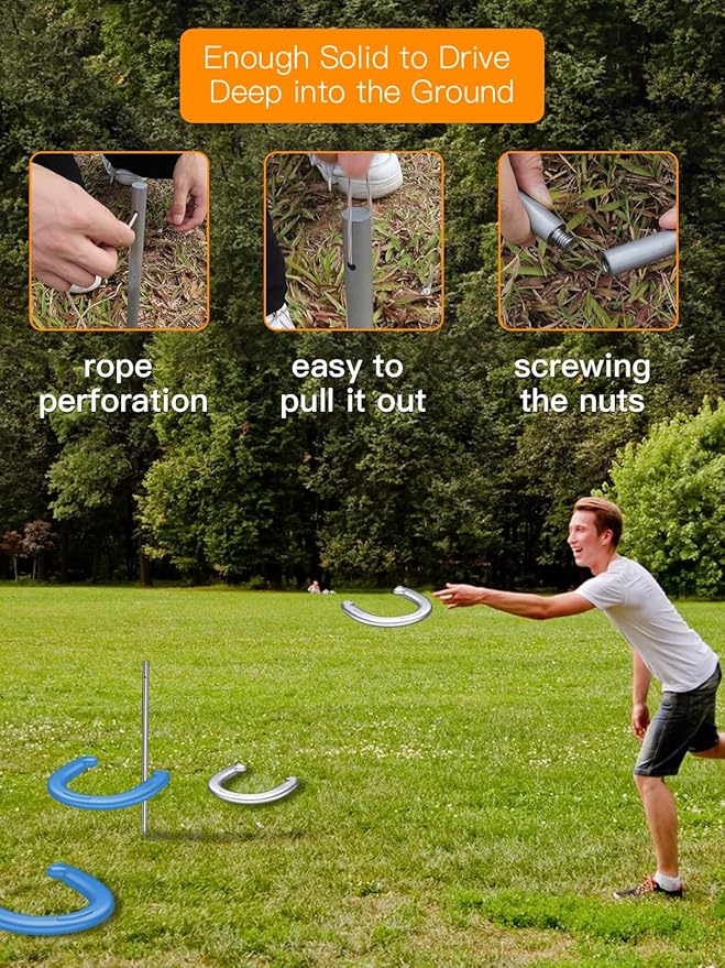 NQV Horseshoe Outdoor Game Set –Horse Shoe Game Kit,Sports Horseshoes Sets, Includes 4 Steel Horseshoes, 2 Metal Stakes & Carry Bag – Perfect for Lawn, Backyard, or Tailgating