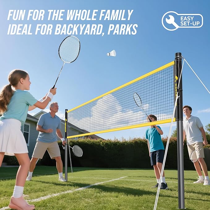 Badminton Set for Backyard, Outdoor Badminton Net with Anti-Sag Design, 4 Professional Badminton Rackets, 4 Shuttlecocks and Carry Bag for Lawn or Beach