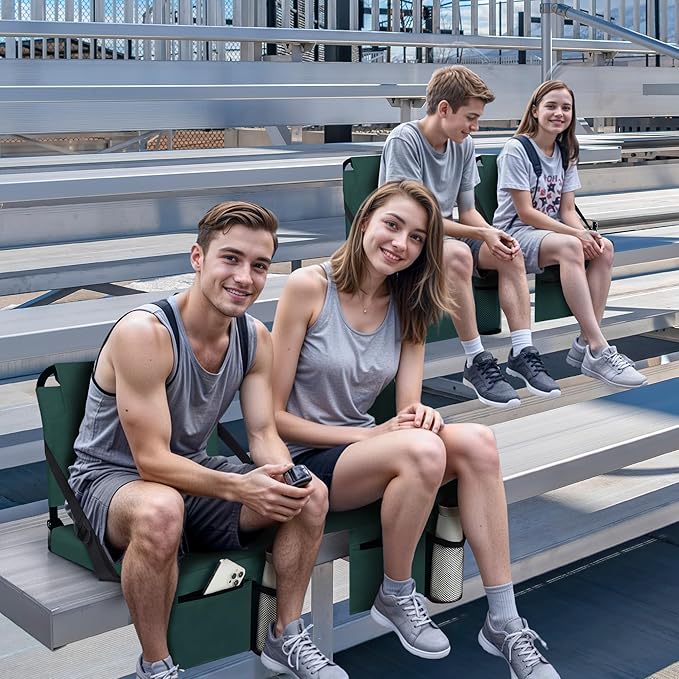 Stadium Seats for Bleachers with Back Support Bleacher Seat Soft Cushion Light Weight Includes Shoulder Strap & Cup Holder, Front & Back Zipper Pocket, Suitable for Sports Events,Green