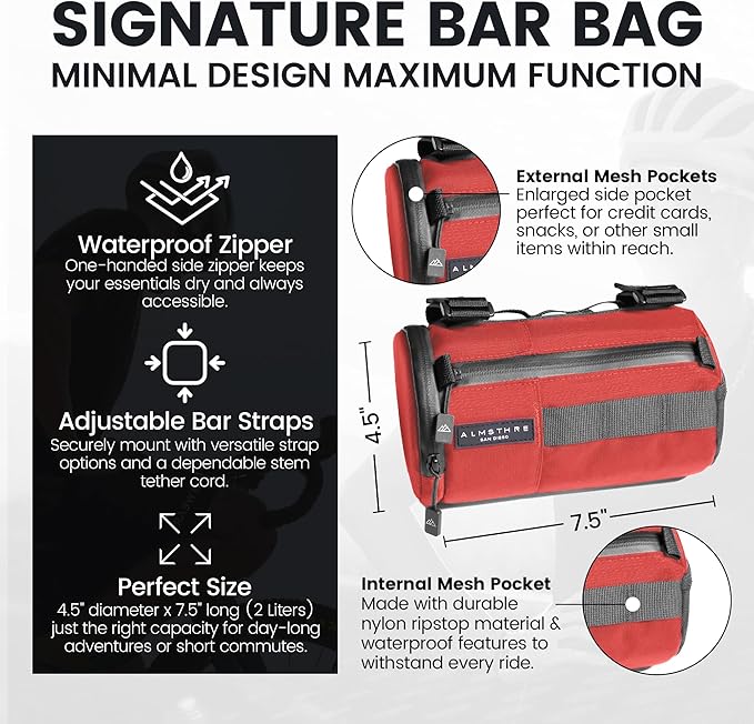ALMSTHRE Signature Bar Bag – Rust Red | Hard-Shell Bike Handlebar Bag with Waterproof Zippers & Adjustable Straps | Lightweight Bicycle Handlebar Bag, Compatible with Road, Gravel & MTB Bikes
