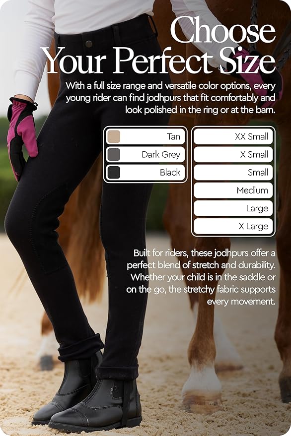 HORZE Nora Girls Riding Pants with Leather Knee Patch | Kids Equestrian Girls Jodhpurs Breeches | Size Chart in Images