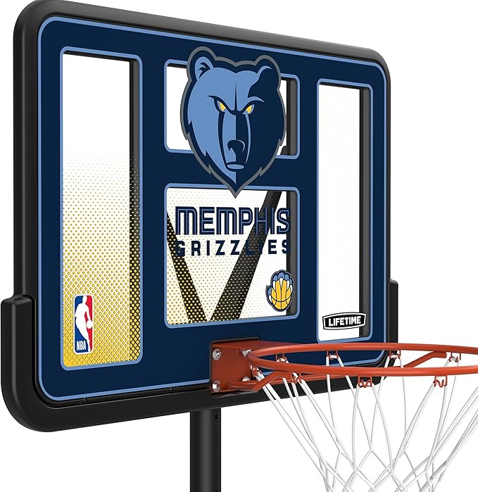 Lifetime NBA Memphis Grizzlies Portable Basketball Hoop, Adjustable Height 7.5-10 Ft, 44 Inch Shatterproof Fusion Backboard, Base with Wheels