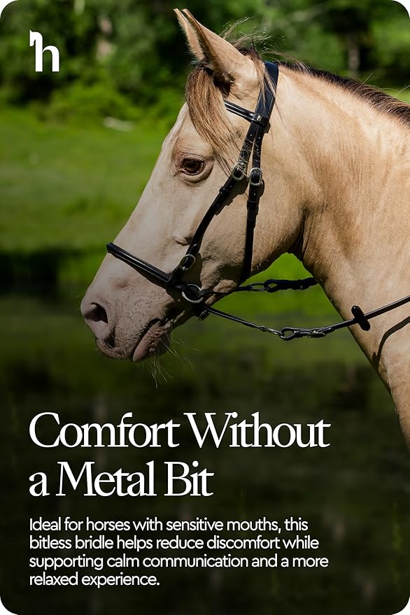HORZE Genuine Leather Cross-Under Bitless Bridle | Includes Web Reins with Hand Stops