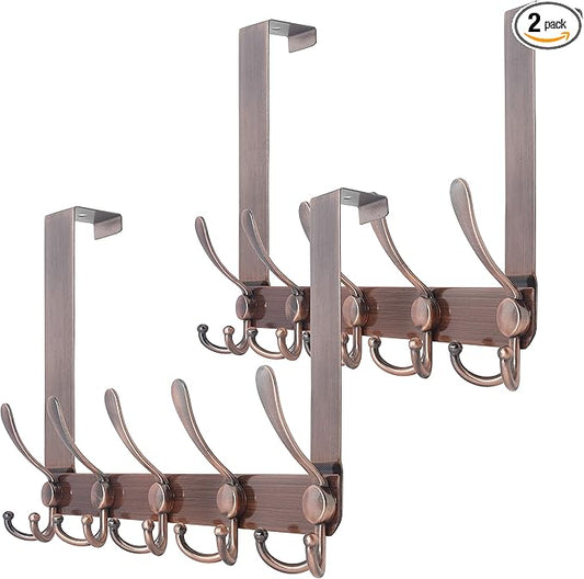 SKOLOO Over The Door Hook - for Doors up to 1-3/4'' Thickness, Pack of 2, Metal Door Hanger with 5 Triple Hooks, Copper Red Over The Door Hanger for Coats, Hats,Towels, Assembly Required