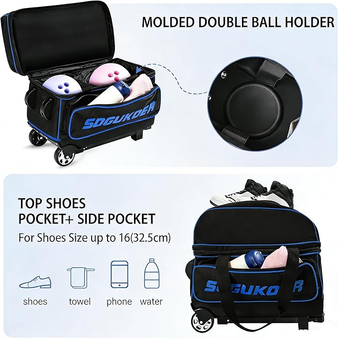 2 Bowling ball Bag with Wheels, Lightweight Trolley Double Ball Bowling bag with Large Separate Shoe Compartment and Oversized Accessory Pocket, Retractable Handle Extends To 39.5"
