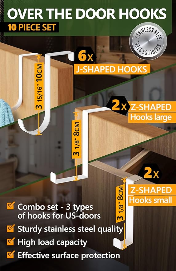 Over the Door Hooks 6+2+2 Cruise Must Haves Set, White - Coat Hanger 6 pcs fits 1 3/8" + Towel Holder 2 pcs fits up to 1 3/4" + Cabinet Hooks 2 pcs with Anti-Scratch & Non-Slip Pads