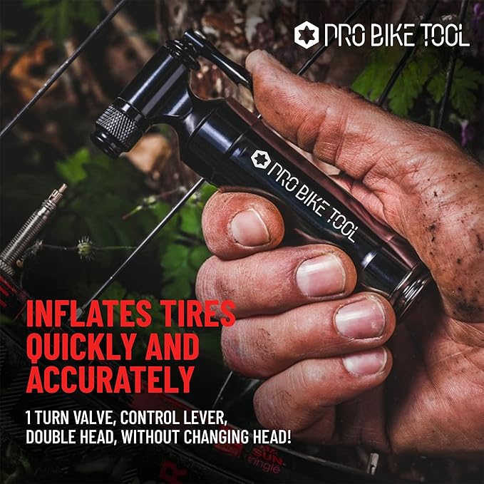 Pro Bike Tool CO2 Inflator with Cartridge Storage Canister Quick, Easy and Safe - for Presta and Schrader - Bicycle Tire Pump for Road and Mountain Bikes