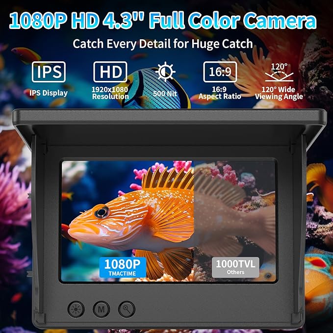 Underwater Fishing Camera TMACTIME 1080P HD, Portable Fish Finder with 4.3" LCD Display & Infrared Night Vision Light, IP68 Waterproof & 5000mAh, Fishing Camera for Ice Lake Boat Kayak Fishing - 15M