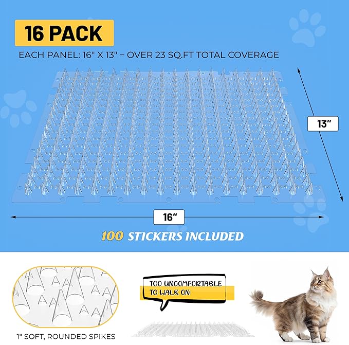 Clear Cat Scat Mat 16 x 13 Inch, 16 Pack Transparent Cat Deterrent Mats with 1 Inch Spikes & 100 Stickers, Over 23 sq.ft Humane Indoor Outdoor Pet Barrier for Sofa, Counters, Garden & Car