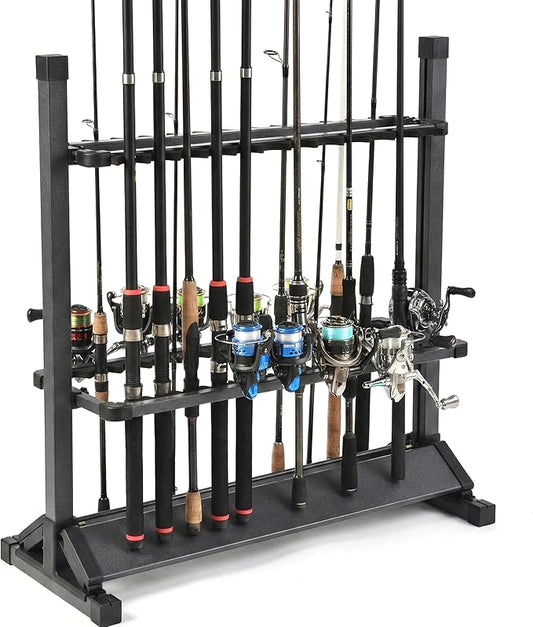 24-Rod Aluminum Alloy Rolling Fishing Pole Holder, Rustproof Fishing Rod Rack with 360° Lockable Wheels, Multi-Functional Storage Organizer for Garage & Home, Fits Most Rods & Golf Clubs (Gray)