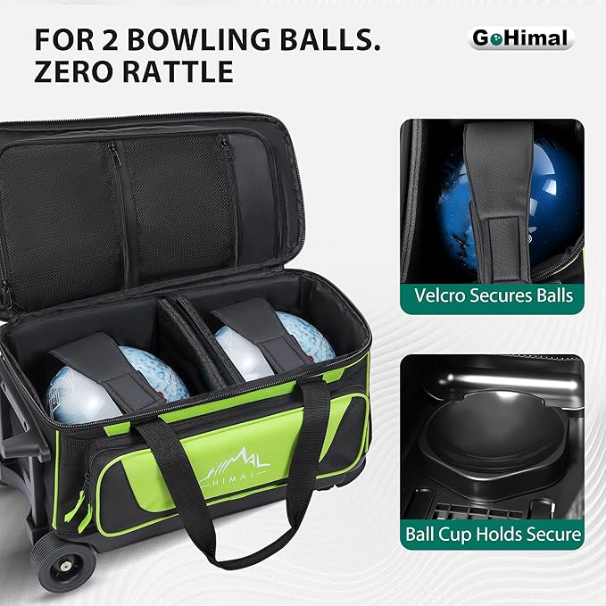 GoHimal Double Roller 2 Ball Bowling Bag with Separate Shoe Compartment for Bowling Shoes (Up To US Mens Size 15) and Oversized Accessory Pocket, Retractable Handle - Extends to 40"