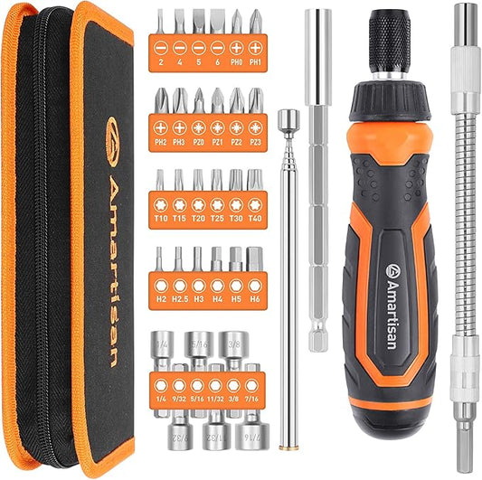 Amartisan 34-Piece Multi-bit Screwdriver Set Tool All in One, Portable Multi-Purpose Screwdriver
