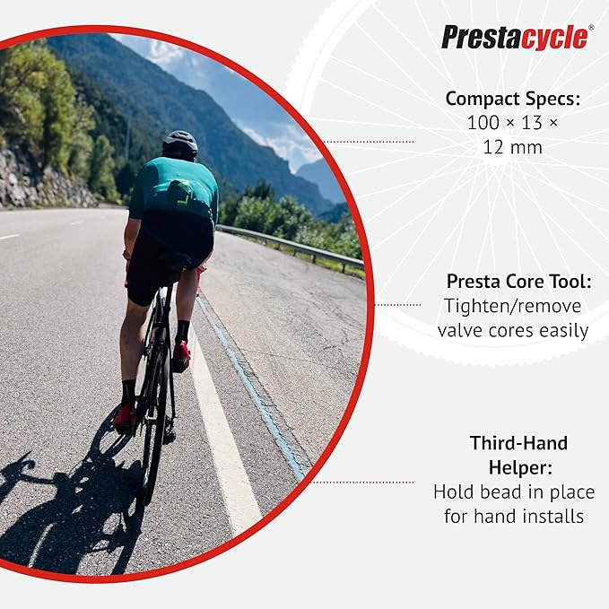 Prestalever GO – 5-in-1 Multi-tool Tire Lever for Bikes, IndeGO Purple, Tire Remover, Installer, Presta Valve Core Tool, Quick-Link Chain Breaker & Tubeless Tire Plugger Adapter