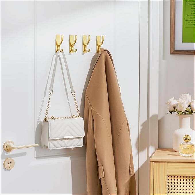 pickpiff Adhesive Wall Hooks for Towels - Sticky Hook Hanging Heavy Duty (13lb), Hanger for Door, Bathroom, Dorm, Closet - for Coats, Purse, Bag, Robe - No Damage to Wall - Gold 4 Pack