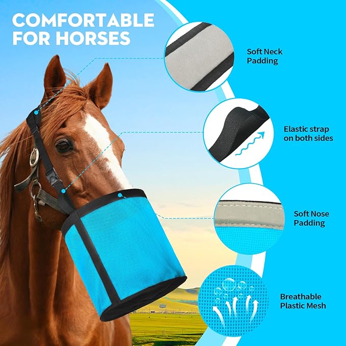 Horse Feed Bag 2 PCs, Breathable Mesh Feed Bags for Horses, Muzzle Feedbag for Feeding Grain, Anti-Spill Design Feeder, Soft Neck Pad Nose Pad, Universal Fit (Sky Blue)