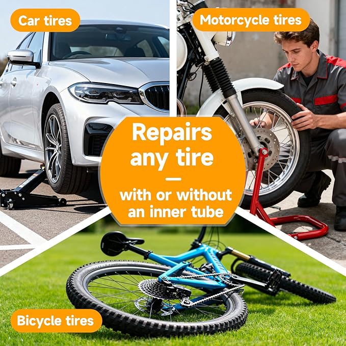 Tire Repair Kit with Air Compressor - ZGWATO Motorcycle Flat Tire Repair Kit, Tire Patch Kit to Fix Punctures and Plug Flats, Universal Tire Repair Tools for Car, Truck, Jeep, ATV, Tractor, Trailer