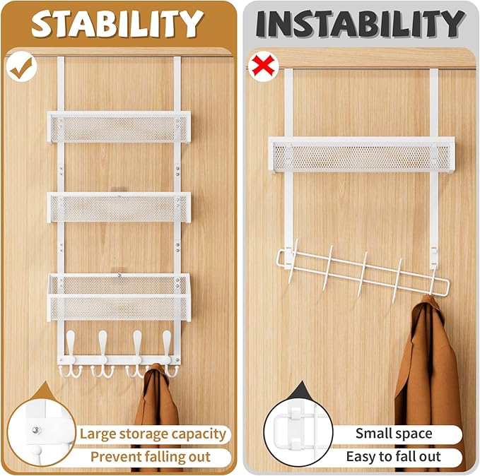 Over The Door Hooks Organizer, Coat Rack Over The Door Storage Hanger Towel Rack, Back of Door Storage Organizer for Bathroom,Bedroom,Kitchen,Office (White, 4-Tier)