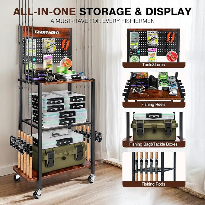 Ghosthorn Fishing Rod Holders for Garage Fishing Pole Holders Fishing Rack Hold up to 10 Rods Fishing rod Storage with Pegboard Hooks Fishing Rod Rack on wheels Fishing Pole Organizer Fishing Gear